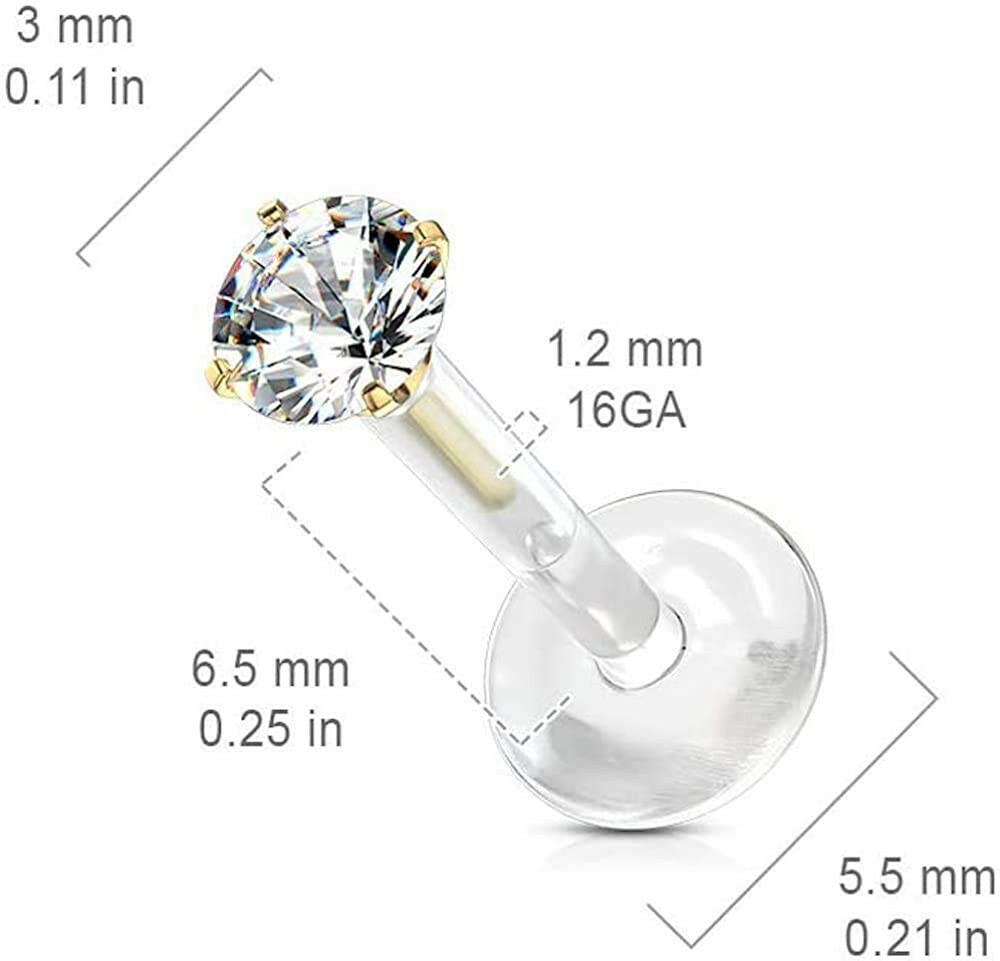 Surgical Steel Round CZ Top Push In Bio Flex Flat Back Studs for Labret Monroe Ear Cartilage Cartilage Earring Impulse Piercings