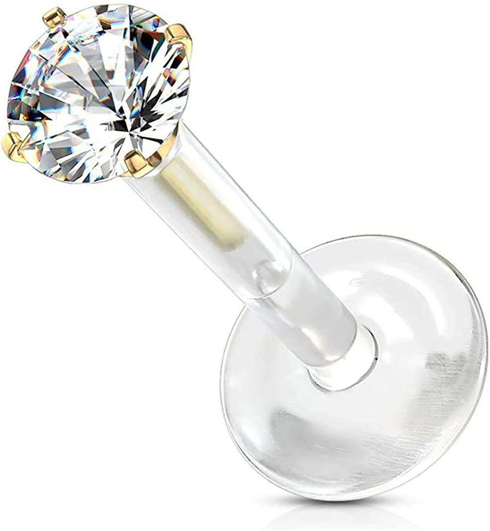 Surgical Steel Round CZ Top Push In Bio Flex Flat Back Studs for Labret Monroe Ear Cartilage Cartilage Earring Impulse Piercings 16GA Length: 6mm Ball Size: 2mm Gold