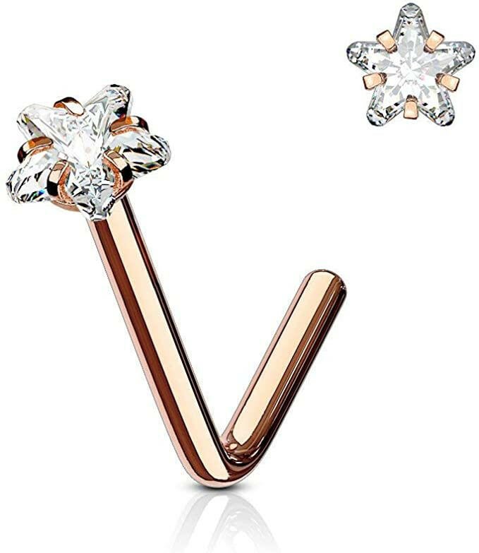 Surgical Steel Star CZ L Bend Nose Stud Rings Nose Ring Impulse Piercings 20GA Length: 6mm Rose Gold