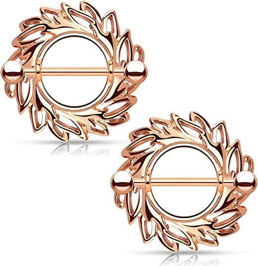 Surgical Steel Swirling Leaves Tribal Shield Nipple Shield Rings Nipple Ring Impulse Piercings Rose Gold