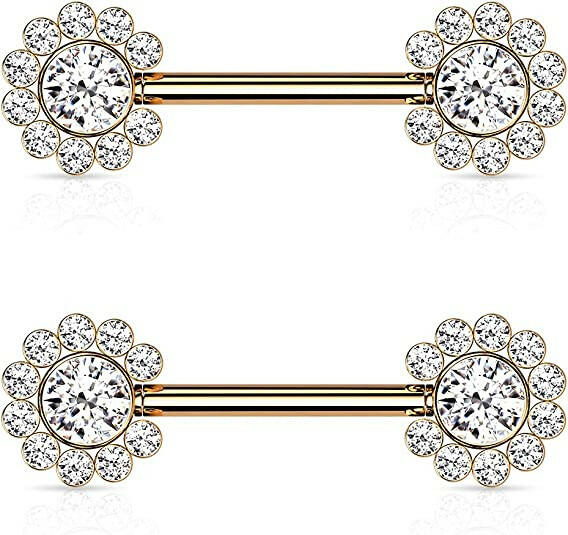 Surgical Steel Threadless Push In 11 CZ Flower Cluster On Each Side Nipple Barbell Rings Nipple Ring Impulse Piercings Rose Gold