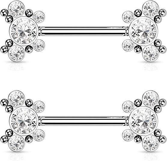 Surgical Steel Threadless Push In 5 CZ Butterfly and Ball Cluster On Each Side Nipple Barbell Rings Nipple Ring Impulse Piercings Clear
