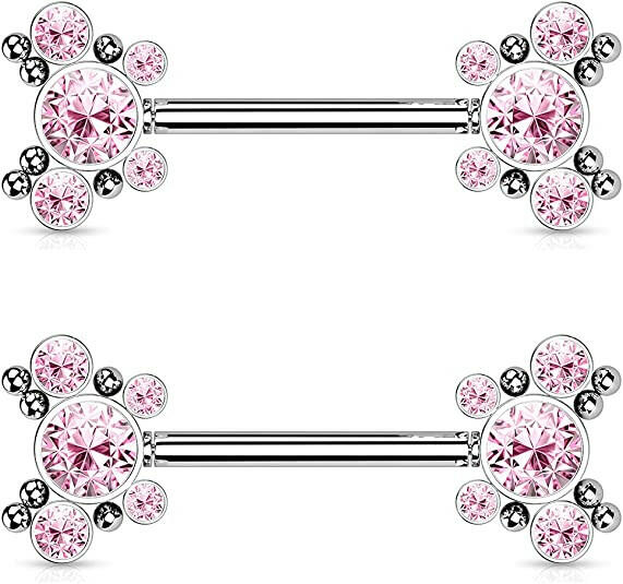 Surgical Steel Threadless Push In 5 CZ Butterfly and Ball Cluster On Each Side Nipple Barbell Rings Nipple Ring Impulse Piercings Pink