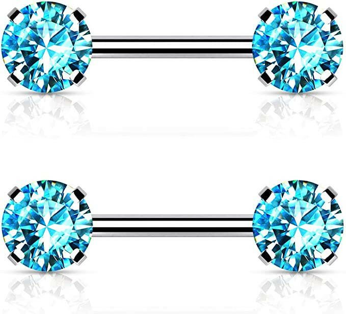 Surgical Steel Threadless Round CZ Ends Nipple Barbell Rings Nipple Ring Impulse Piercings Aqua