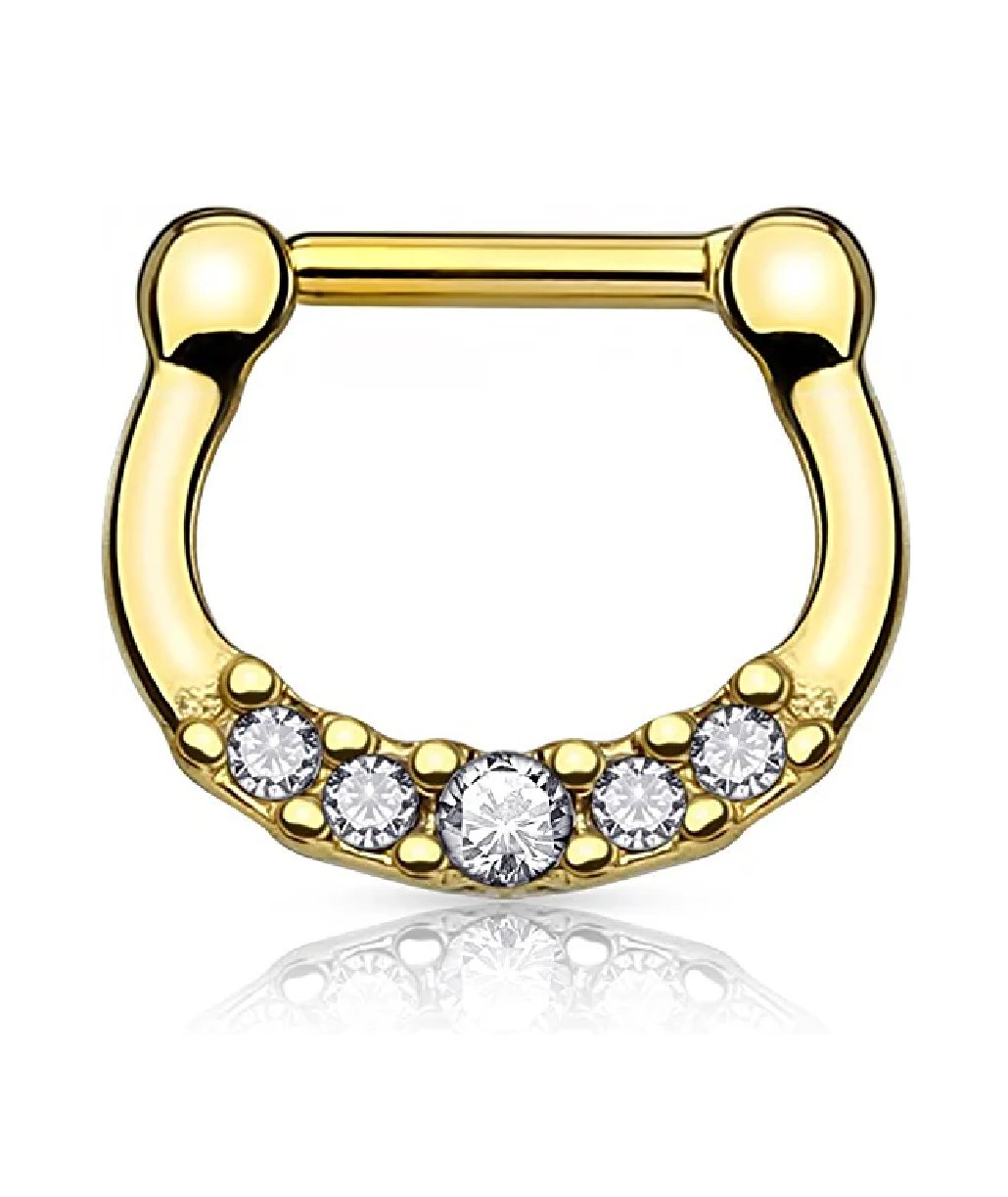 Surgical Steel Titanium IP Over With Five Crystal Septum Clickers Septum Ring Impulse Piercings Gold