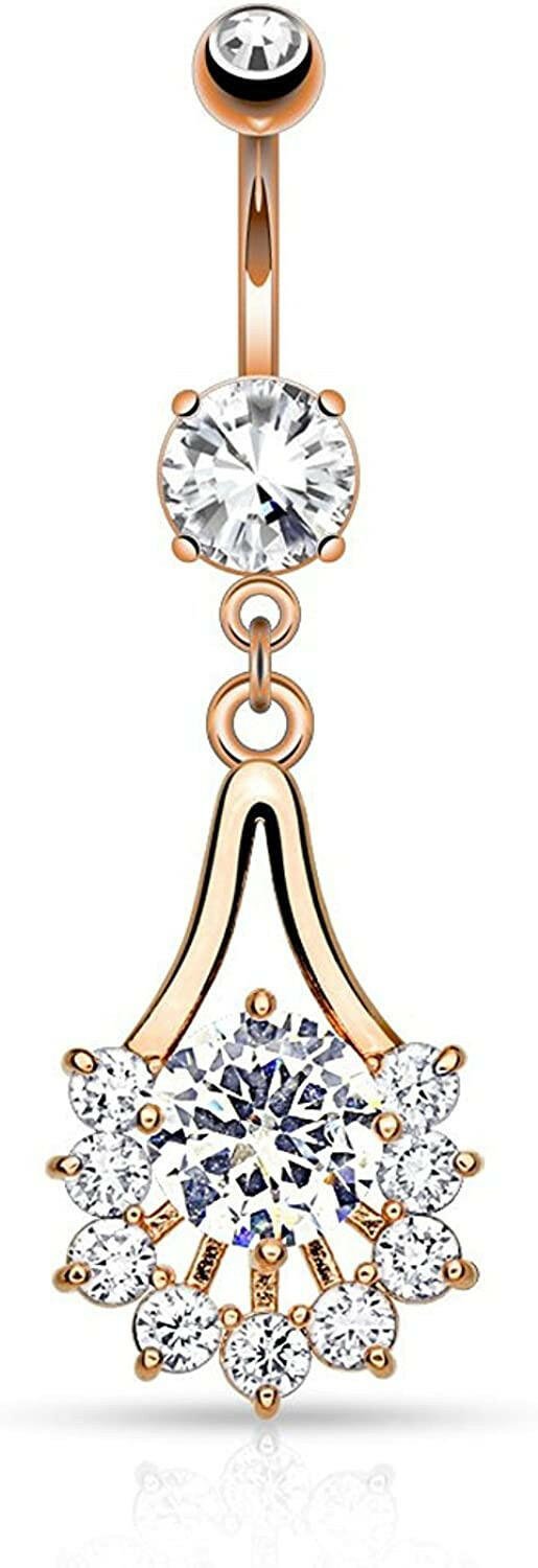 Surgical Steel Tribal Fan Drop with Paved CZs Dangle Belly Navel Ring Navel Ring Impulse Piercings Rose Gold