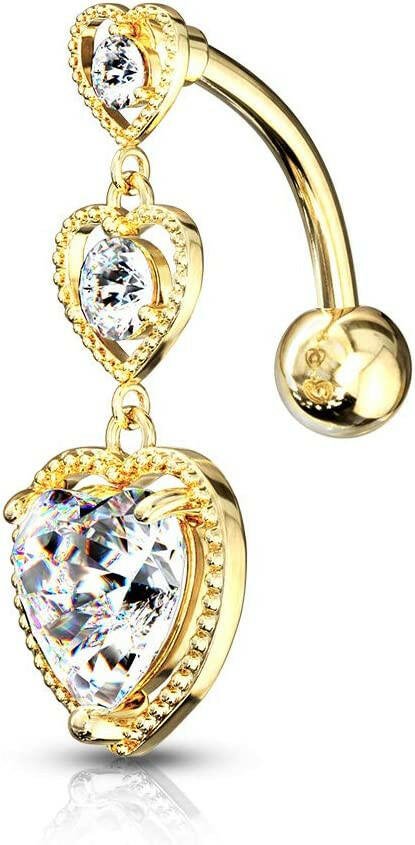 Surgical Steel Triple Heart Vertical Drop With Large Heart CZ Bottom and Heart Top Drop Belly Navel Ring Navel Ring Impulse Piercings Gold