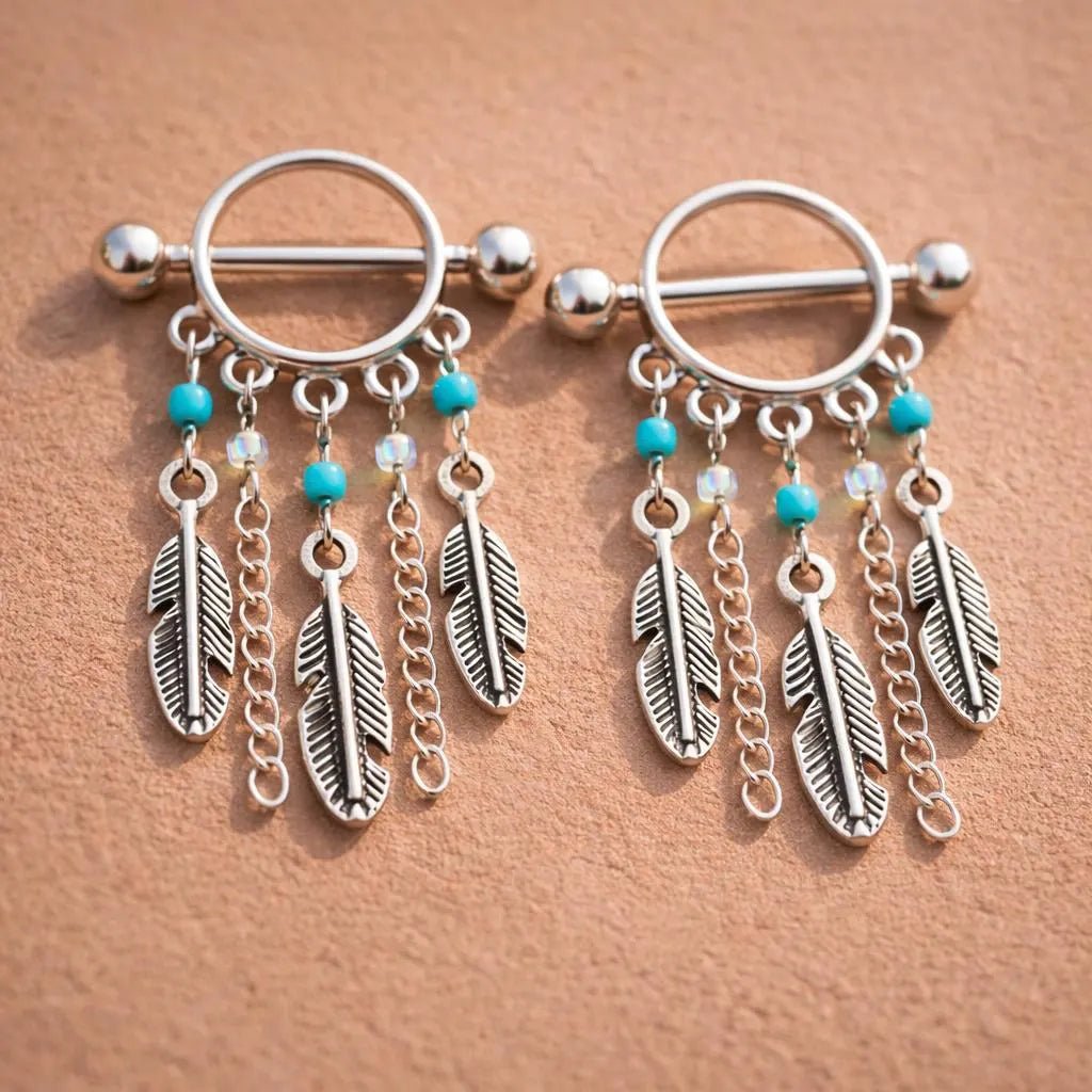 Surgical Steel Turquoise Beads Feather Dangle Nipple Shield Nipple Ring Skin Metals