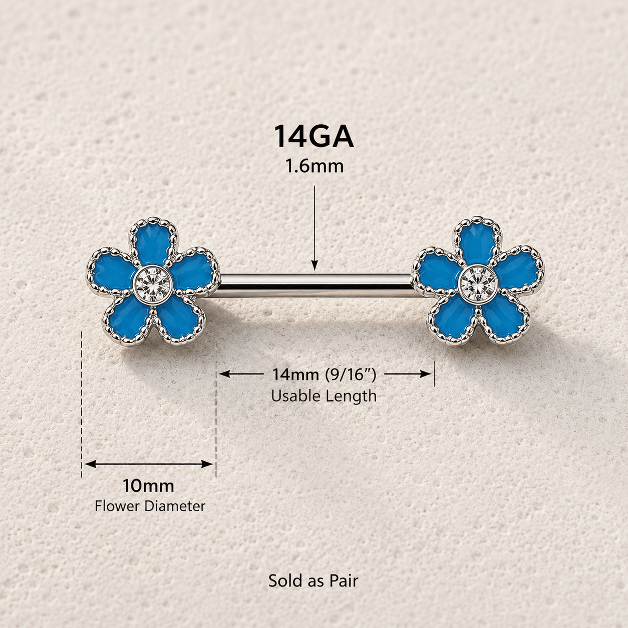 Teal Blue Enamel CZ Flower Nipple Bar 14G Pair