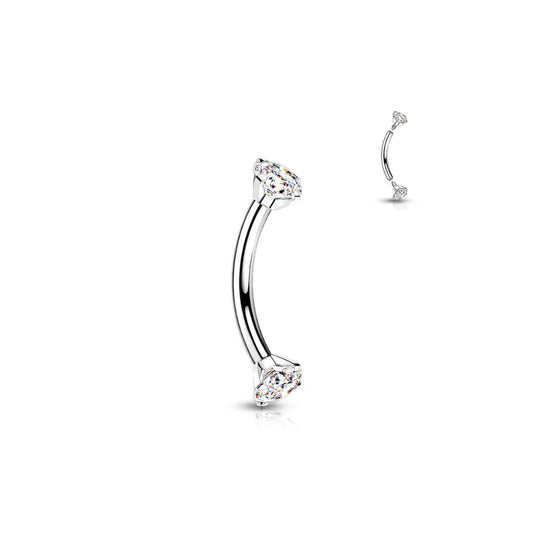 Implant Grade Titanium Internally Threaded Curved Barbell With Prong Set CZ Ends Barbell Skin Metals
