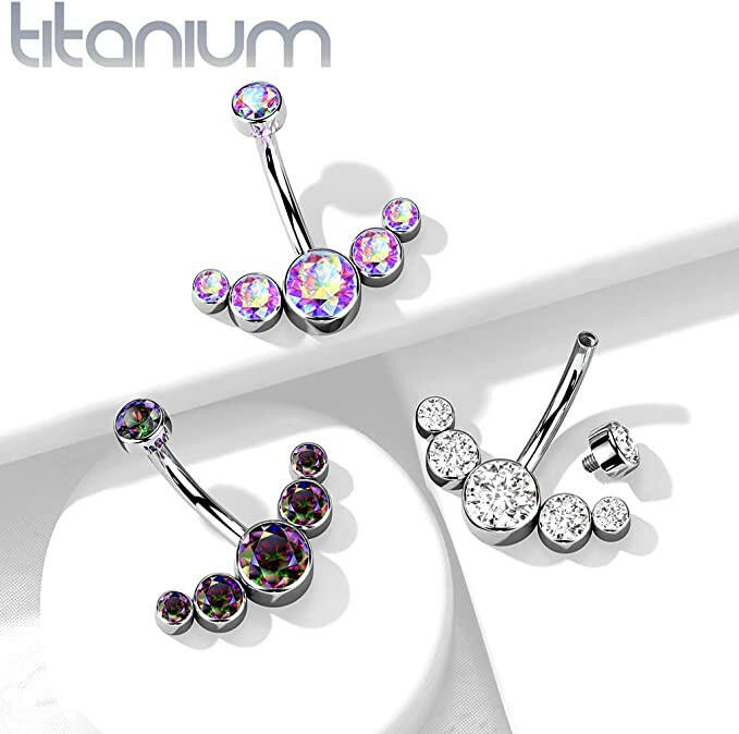 Titanium CZ Bezel Top With 5-CZ Curved Line With Threaded Belly Navel Ring Navel Ring Impulse Piercings