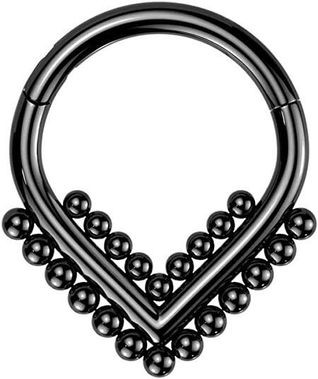 Titanium Hinged Segment With Double Beaded Ball Line Chevron Hoop Ring Cartilage Impulse Piercings 16GA Length: 8mm Black