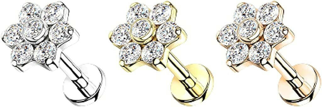 Titanium Internally Threaded CZ Flower Top With Bezel Center Petals Labret Labret Impulse Piercings
