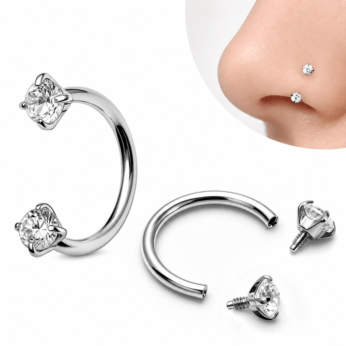 Titanium Internally Threaded Double Gem Nose Hoop - Skin Metals