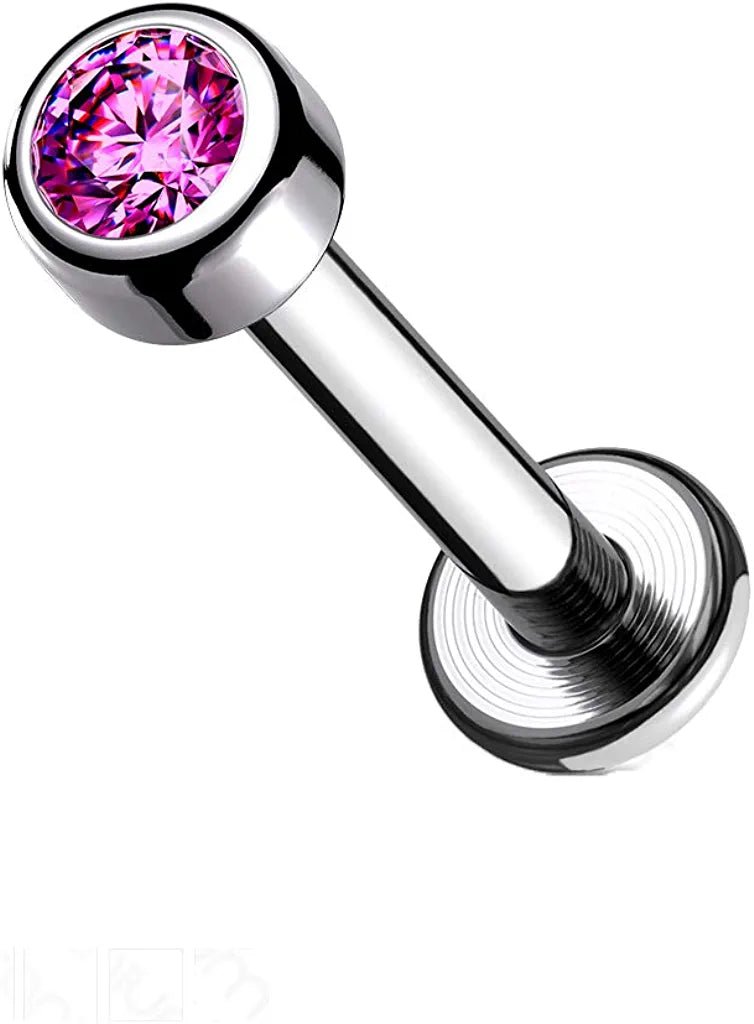 Titanium Internally Threaded Round Bezel Gem Labret Labret Impulse Piercings Pink