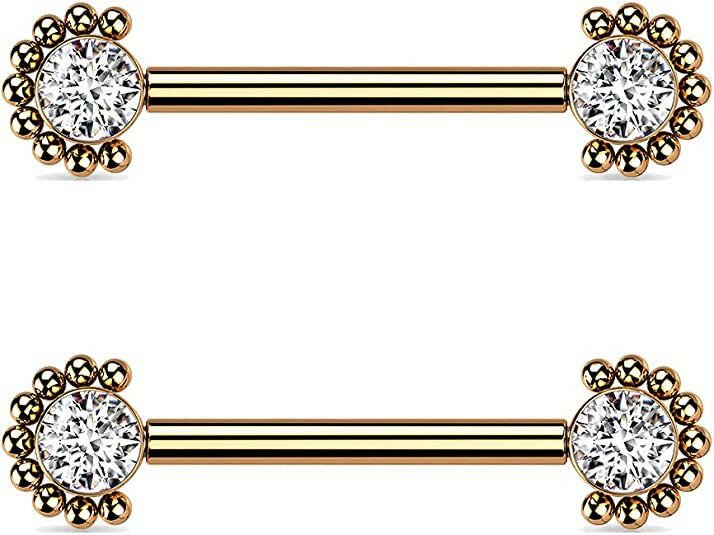 Titanium Internally Threaded With Bezel CZ Center and Beaded Edge Ends Nipple Barbell Rings Nipple Ring Impulse Piercings Gold