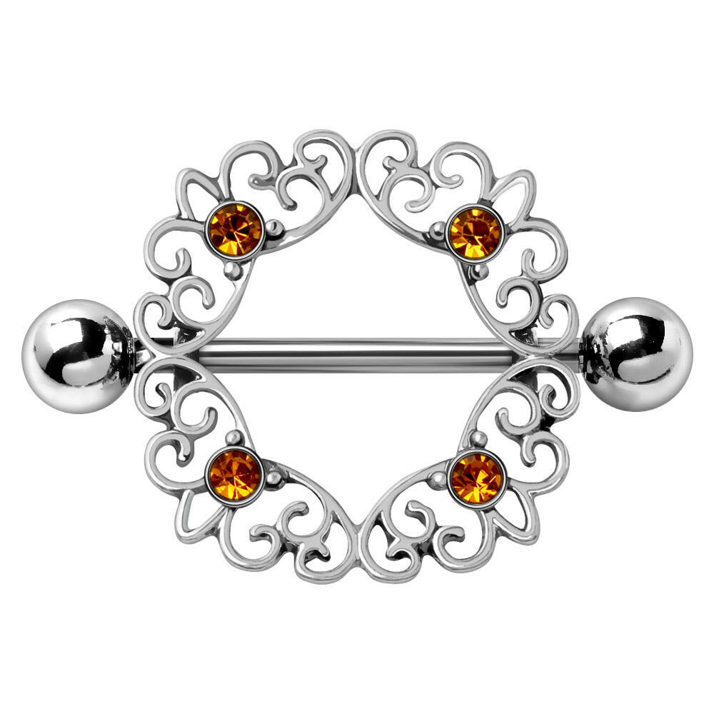 Topaz CZ ornate nipple shield pair on white background, 14G four topaz CZ 316L stainless steel body jewelry