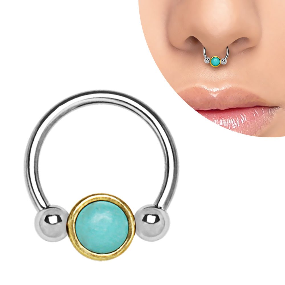 Turquoise Captive Bead Ring 16G Septum Ring Snap In Horseshoe 316L Stainless Steel