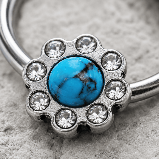 Stainless Steel Turquoise Flower Snap-in Captive Bead Ring - Skin Metals