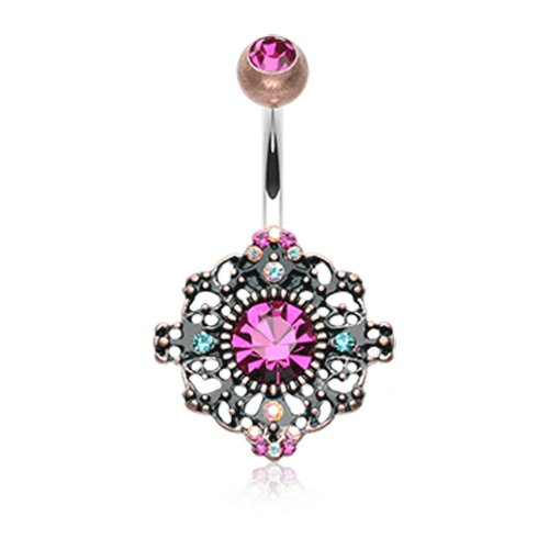 Vintage Boho Filigree Flower Belly Button Ring Navel Ring Impulse Piercings Copper/Fuchsia/Aurora Borealis