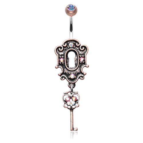Vintage Boho Victorian Lock and Key Belly Button Ring Navel Ring Impulse Piercings Copper/Pink/Aurora Borealis