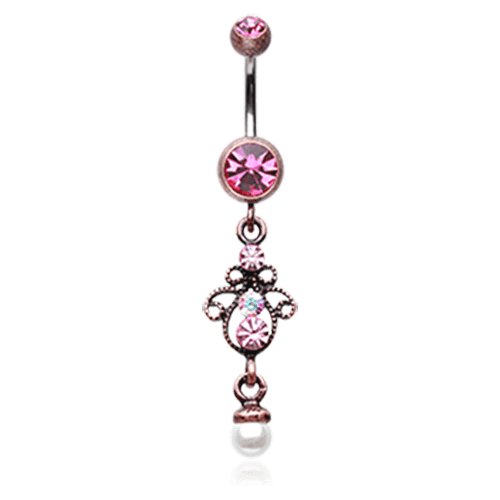 Vintage Brass Burnish Elegant Jeweled Pearl Belly Button Ring Navel Ring Impulse Piercings Copper/Pink