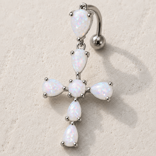 White Opal Cross Top Down Navel Ring 14G 316L Stainless Steel