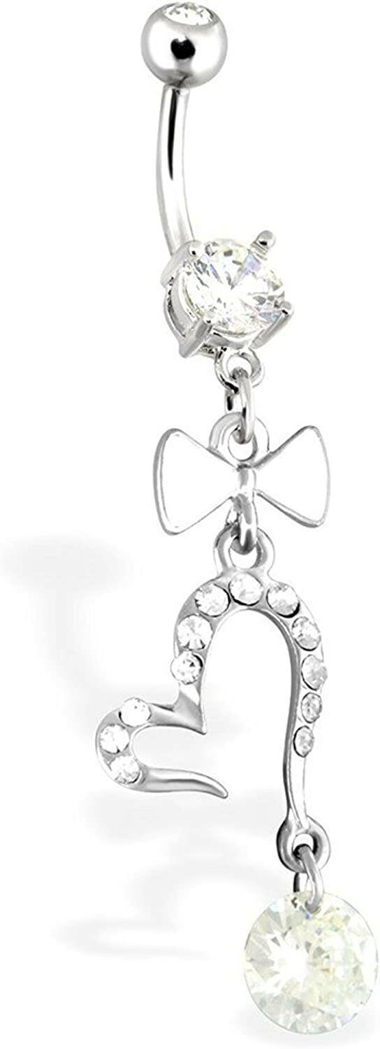 Surgical Steel Open Heart with Large Gem and White Enamel Bow Tie Dangle Belly Navel Ring Navel Ring Impulse Piercings