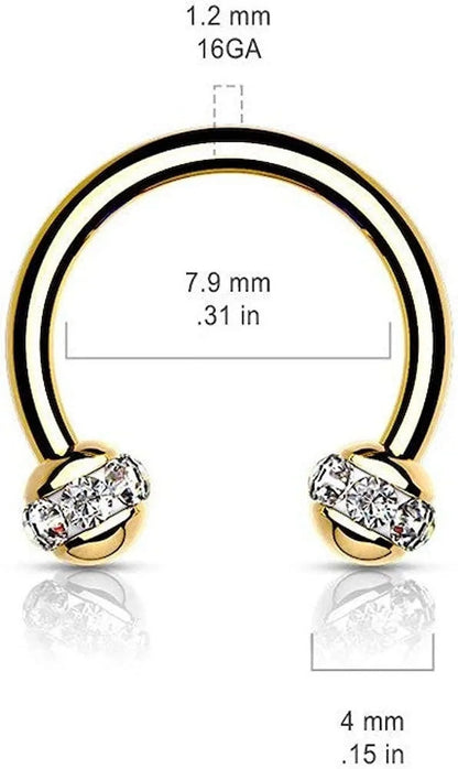 Crystals Paved Around ball Gold PVD Over 316L Surgical Steel Horseshoes for Ear Cartilage, Daith, Eyebrow, Nose Septum and More Horseshoe Skin Metals