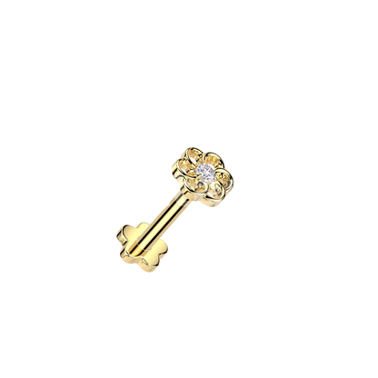 Implant Grade Titanium Threadless Push In Flower Base Flat Back Stud With Small Hollow Swirl Flower CZ Center Top Stud Skin Metals