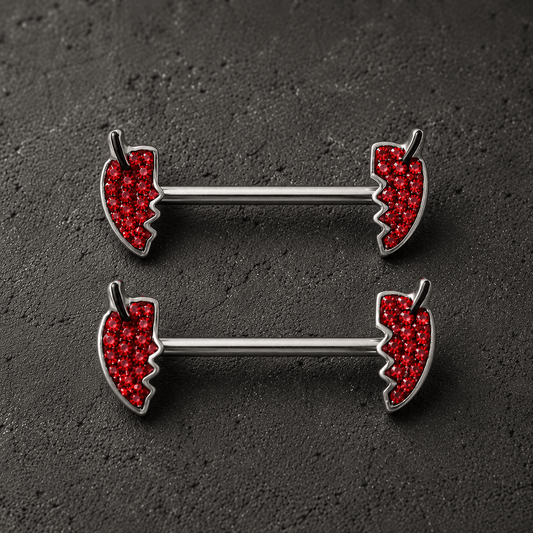 Jeweled devil's heart body jewelry pair detail