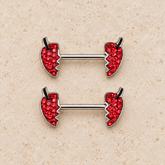 14G Jeweled Devil's Heart Body Jewelry Barbell Pair - Skin Metals