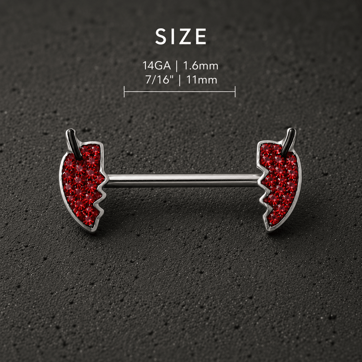 Devil's heart body jewelry barbell pair close-up