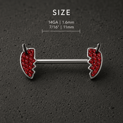 Devil's heart body jewelry barbell pair close-up