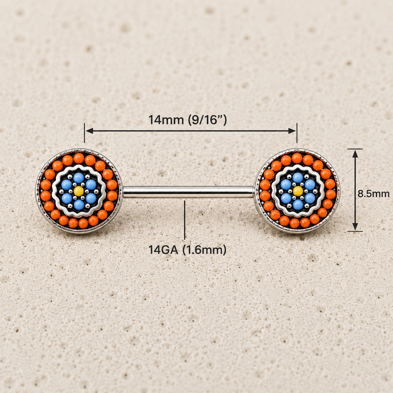 Multi Bead Antique Nipple Bar 14G Orange Blue Yellow Pair