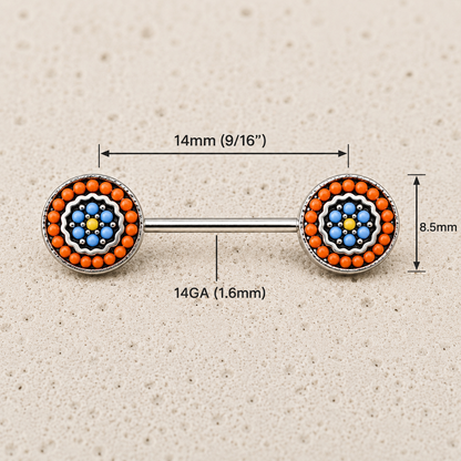 Multi Bead Antique Nipple Bar 14G Orange Blue Yellow Pair