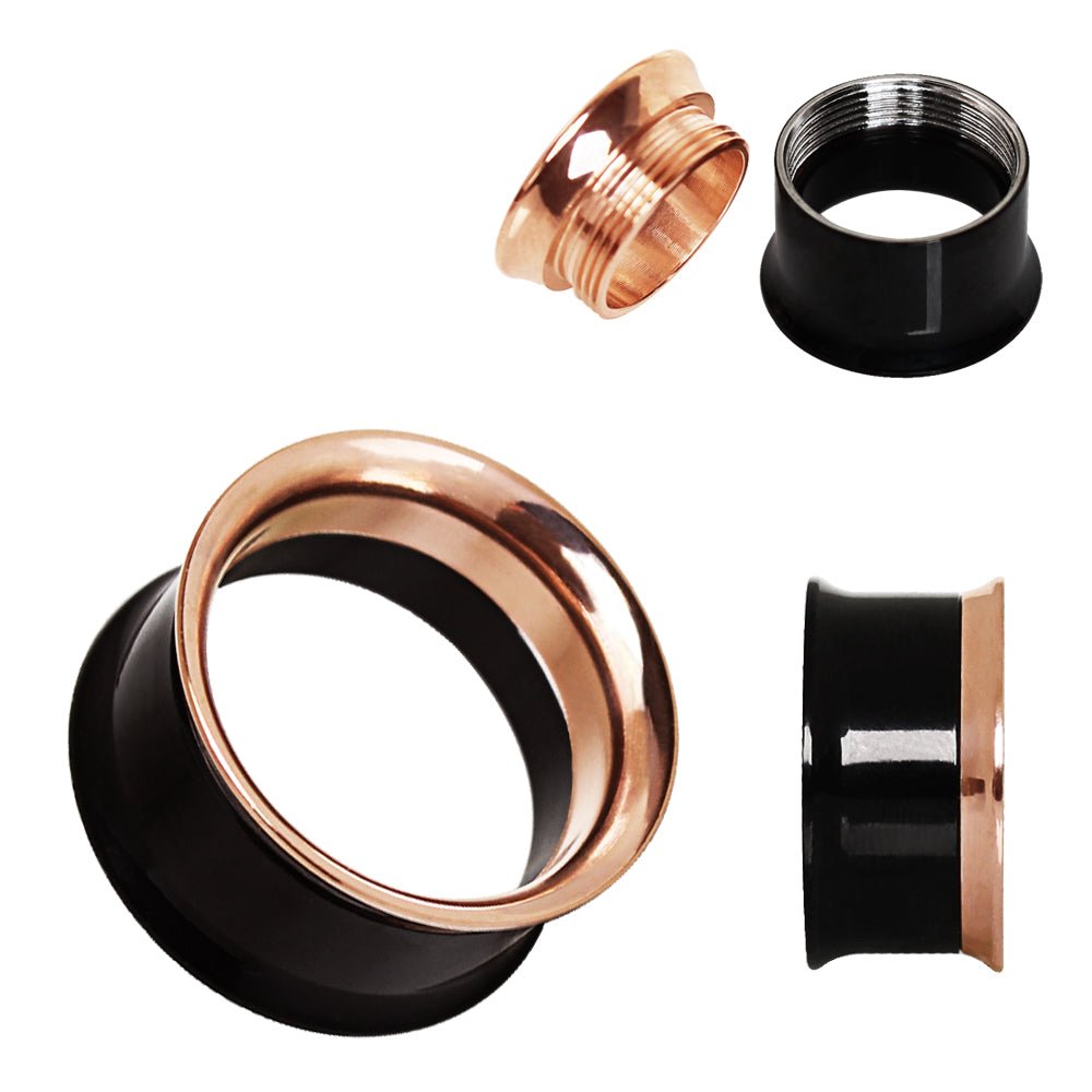 2-in-1 Black PVD & Rose Gold Screw Tunnel Plug — Sold as Pair