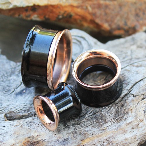 2-in-1 Black PVD & Rose Gold Screw Tunnel Plug — Sold as Pair
