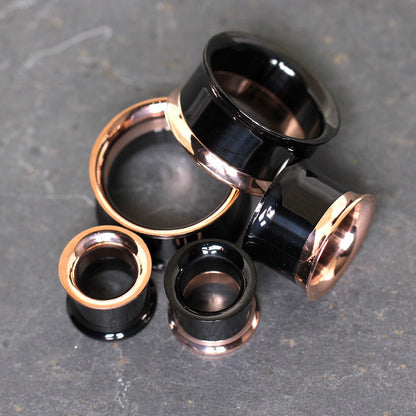 2-in-1 Black PVD & Rose Gold Screw Tunnel Plug — Sold as Pair