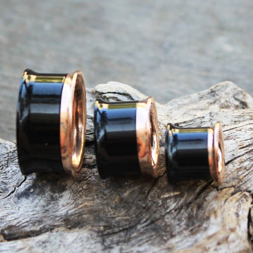 2-in-1 Black PVD & Rose Gold Screw Tunnel Plug — Sold as Pair