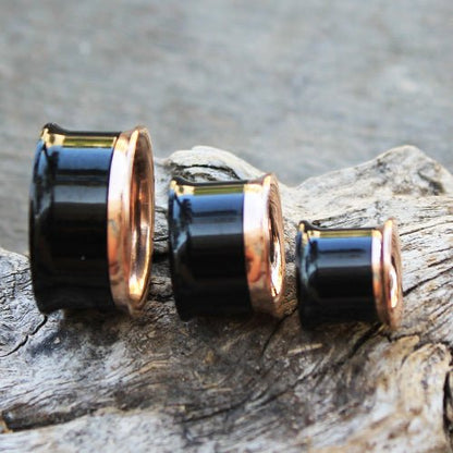 2-in-1 Black PVD & Rose Gold Screw Tunnel Plug — Sold as Pair