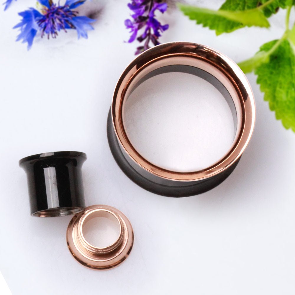 2-in-1 Black PVD & Rose Gold Screw Tunnel Plug — Sold as Pair