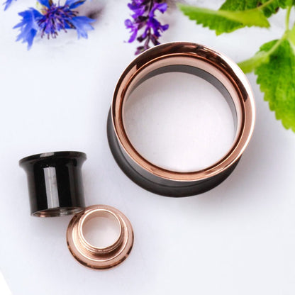 2-in-1 Black PVD & Rose Gold Screw Tunnel Plug — Sold as Pair