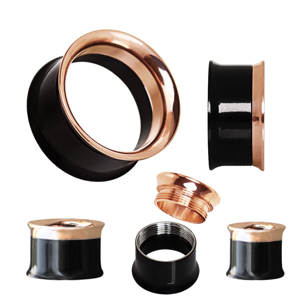 2-in-1 Black PVD & Rose Gold Screw Tunnel Plug — Sold as Pair