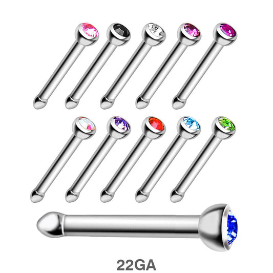 22GA 316L Stainless Steel Stud Nose Ring with Press Fitted Gem - Skin Metals