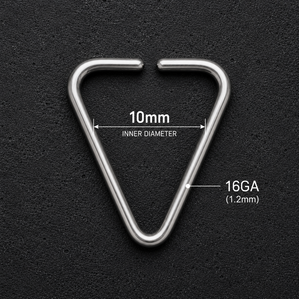 Triangle cartilage earring size chart, 16GA 1.2mm thickness 10mm inner diameter measurements
