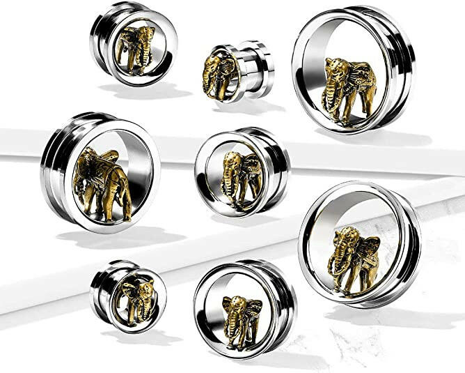 Gold Elephant in 316L Surgical Steel Screw Fit Flesh Tunnel Plugs Plugs Impulse Piercings