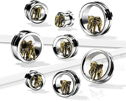 Gold Elephant in 316L Surgical Steel Screw Fit Flesh Tunnel Plugs Plugs Impulse Piercings