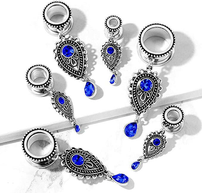 Sapphire Blue Stone Set Tear Drop Charms Dangle 316L Surgical Steel Screw Fit Flesh Tunnel Plugs Plugs Impulse Piercings