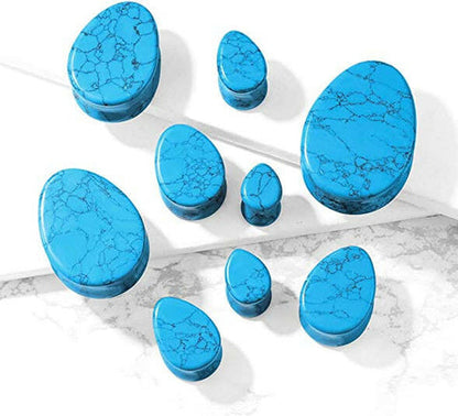 Tear Drop Semi Precious Turquoise Stone Double Flared Saddle Plugs Plugs Impulse Piercings